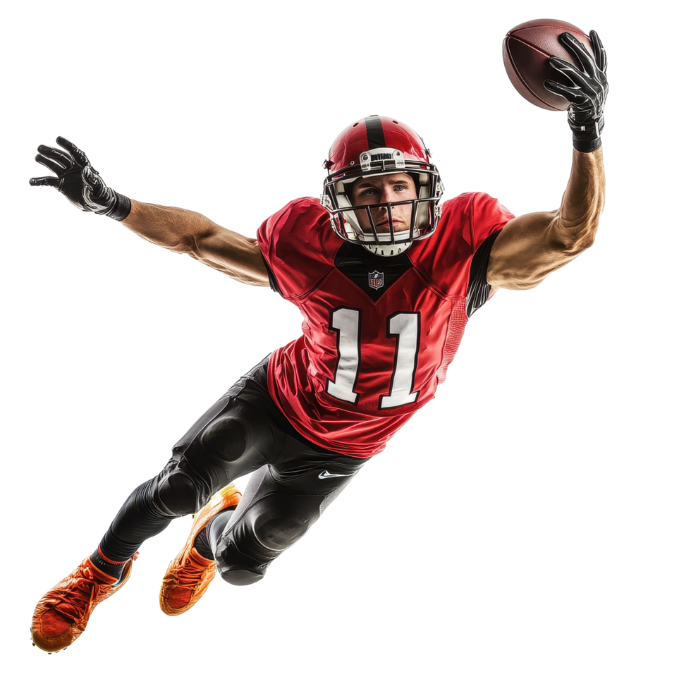 Football player performing an impressive catch in mid air against a white background, Football Player Catching the Ball isolated on white background png