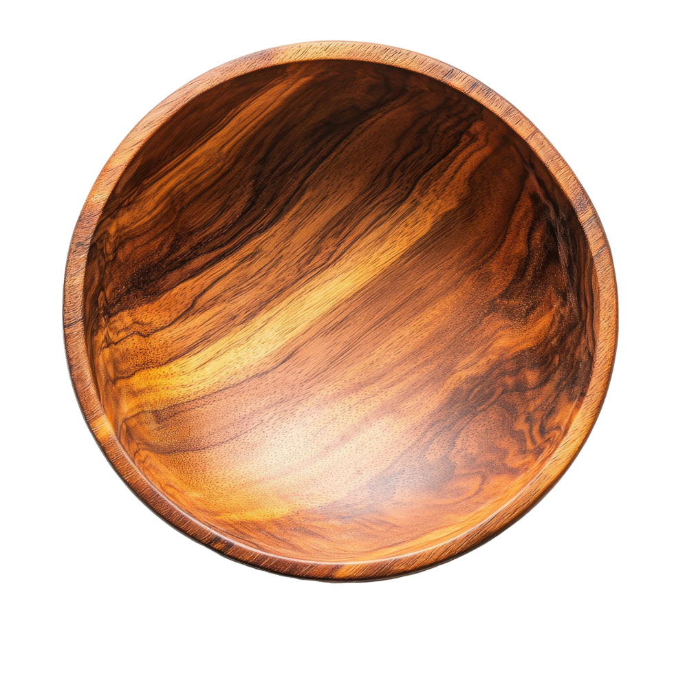 Wood bowl seen from above on a Transparent background showcasing natural grain patterns, top view wood bowl isolated on background png