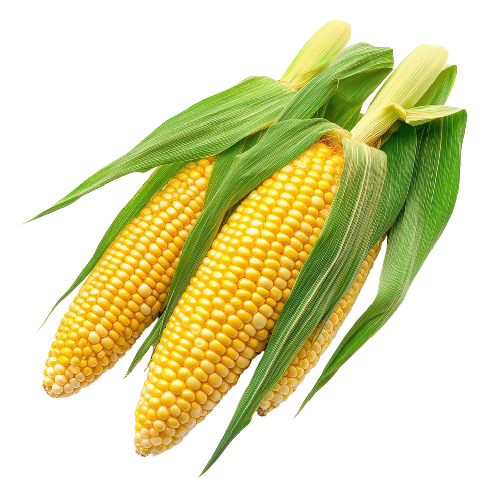 Fresh corn cobs with green husks isolated on a Transparent background showcasing vibrant yellow kernels, Corn isolated background png