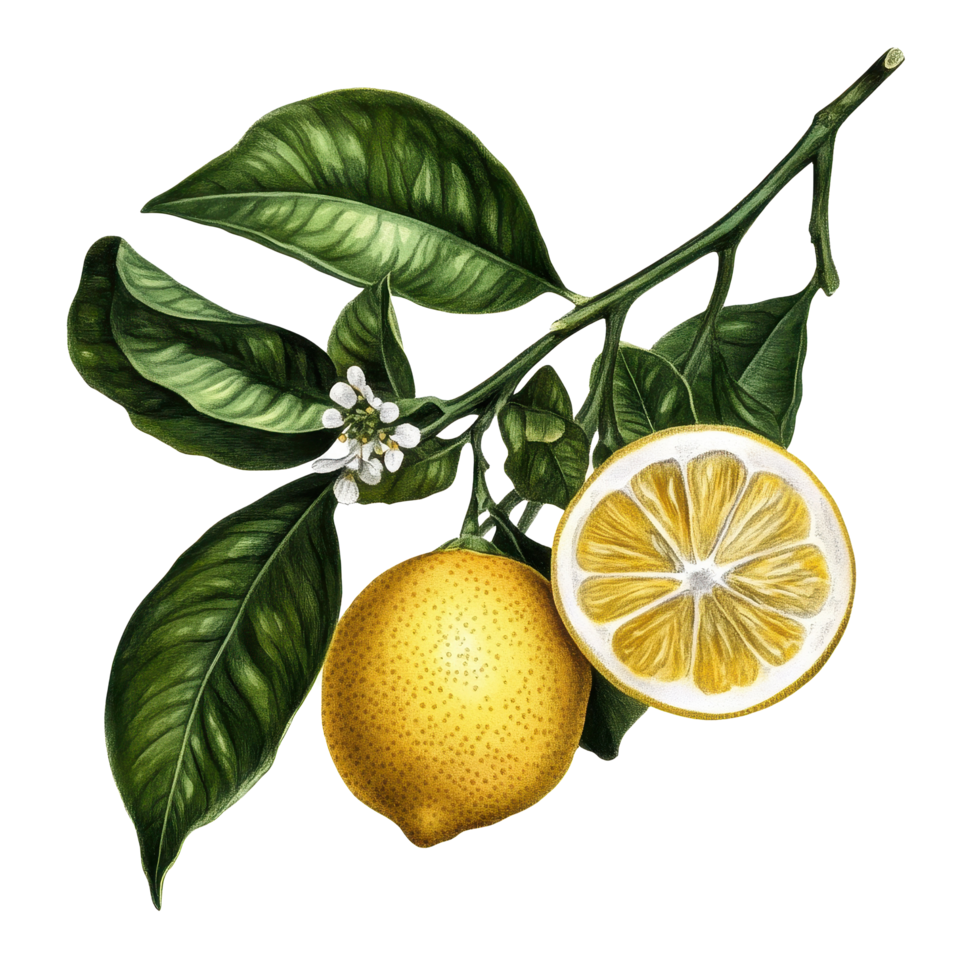 Detailed depiction of a lemon branch with leaves and a cross section on a Transparent background, Lemon Isolated on background Old Botanical realistic, background png