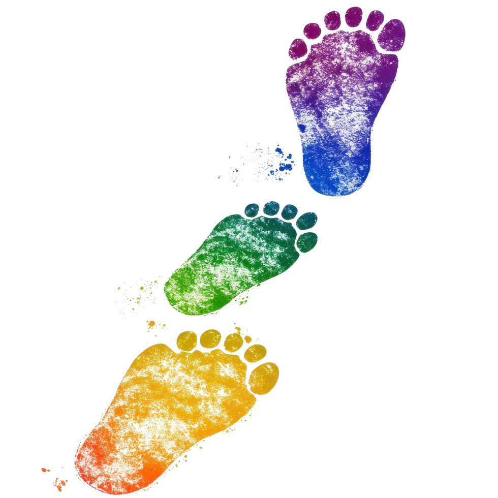 Colorful footprint trail leading forward with vibrant hues on a blank background, colorful footprints straight walking in a trail on White background png