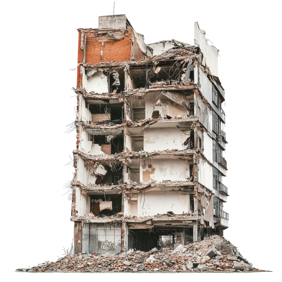 Demolition of a multi story building revealing structural remains and debris, building that has been demolished and is being demolished png