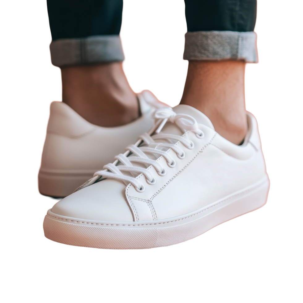 Stylish white sneakers displayed on a peach colored background with casual denim attire, Pair White Sneakers png