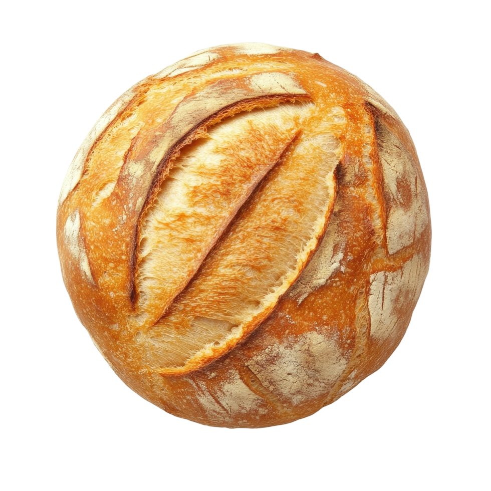 Round artisan bread viewed from above on white background with detailed crust texture, Bread top view isolated on white background png