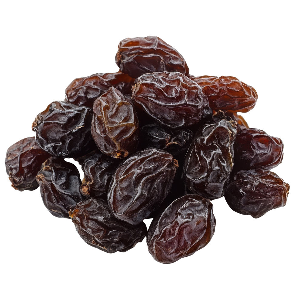 Raisins isolated on a Transparent background showcasing their dark, wrinkled texture and natural sweetness, raisin isolated on background png