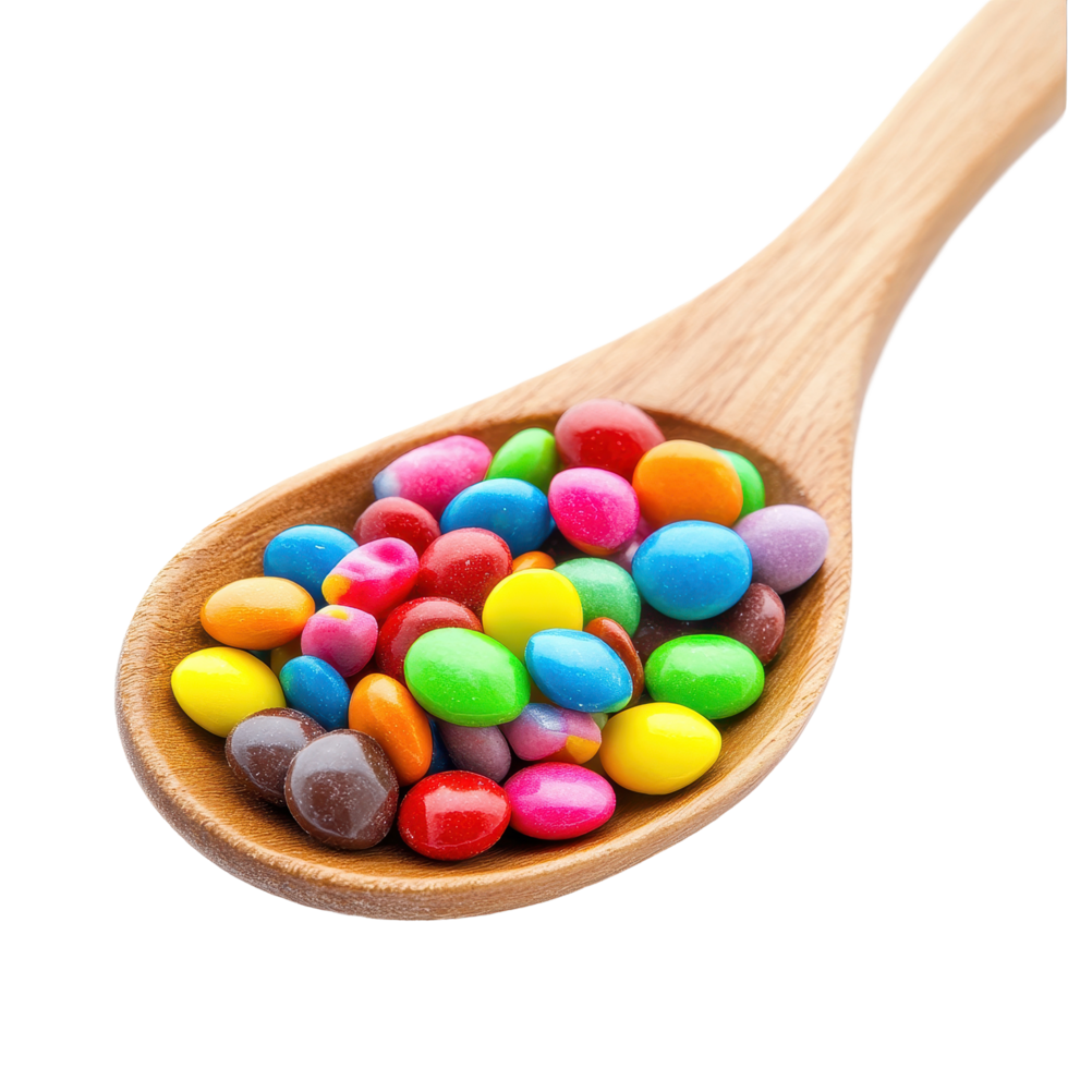 Colorful assortment of candy displayed in a wooden spoon isolated on a Transparent background, colorful candy in wood spoonisolated on background png