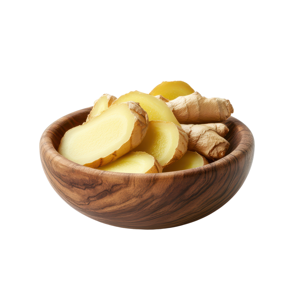 Ginger slices arranged in a wooden bowl resting on a white background provide a fresh and natural look, ginger slice in wood bowl isolated on white background png
