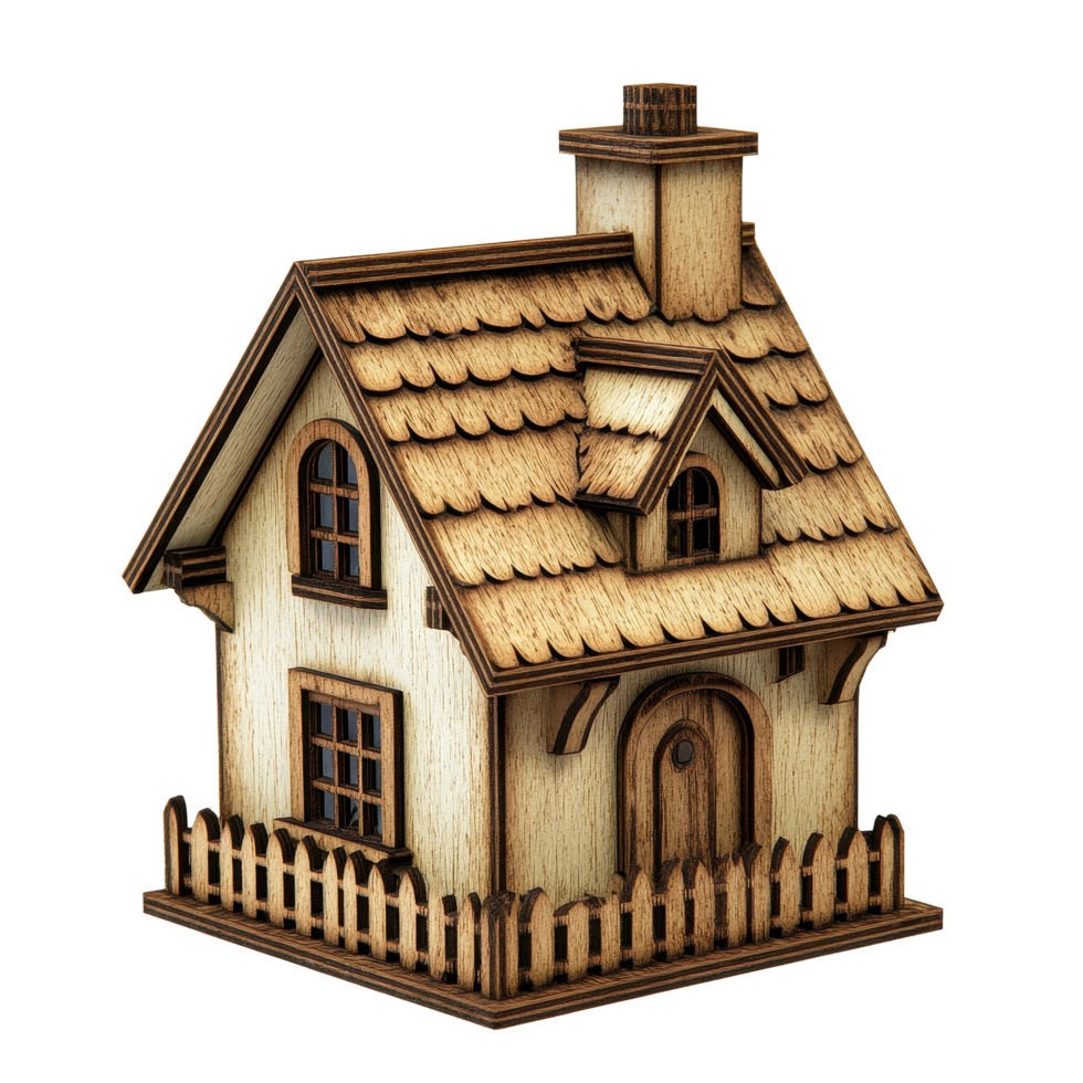Small wooden house with chimney and window in a charming design suitable for decor or toys, small wooden house with a chimney and a window, Transparent background png