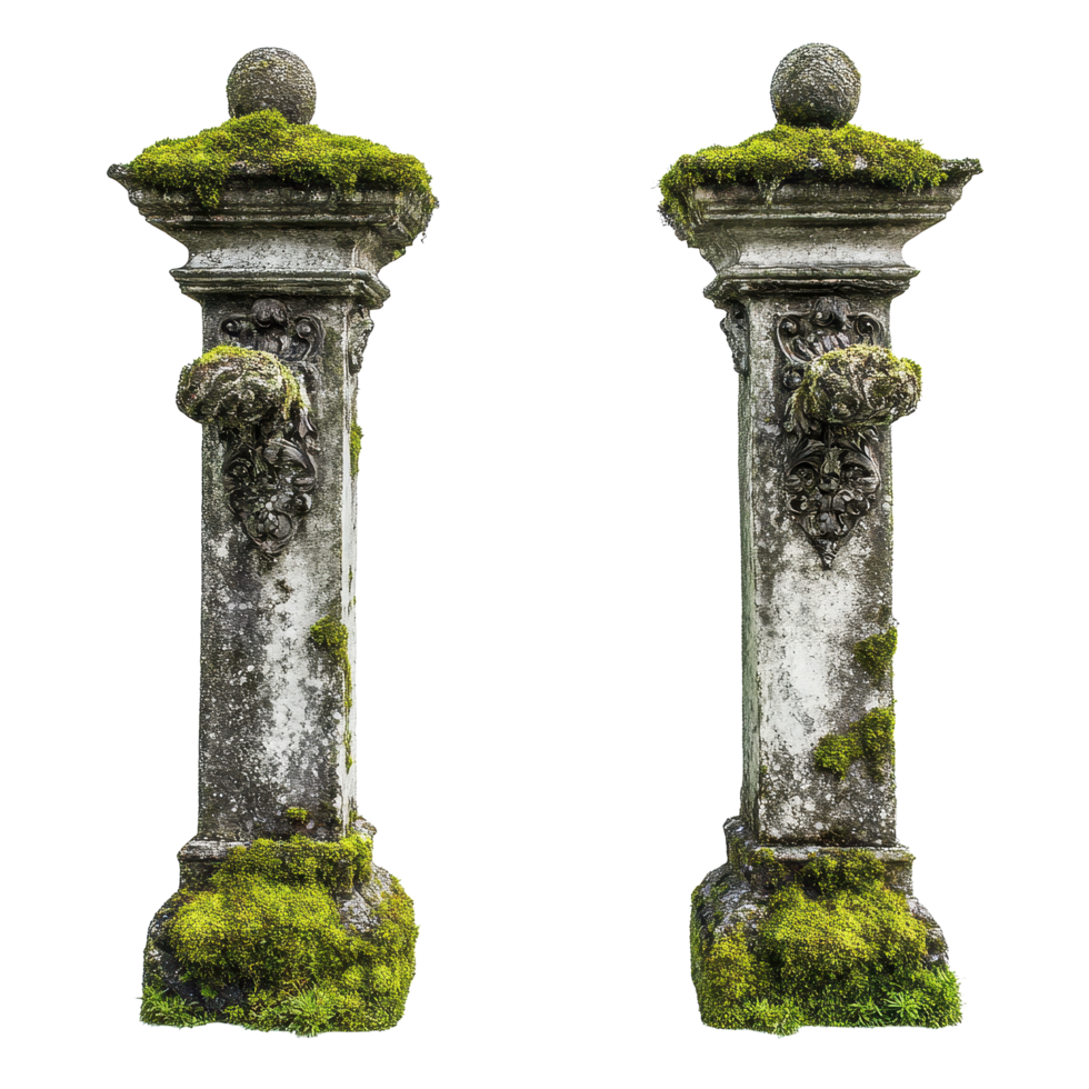 Moss covered gate columns on a Transparent background showcasing nature s beauty and architectural detail, Mossy gate column isolated on background png