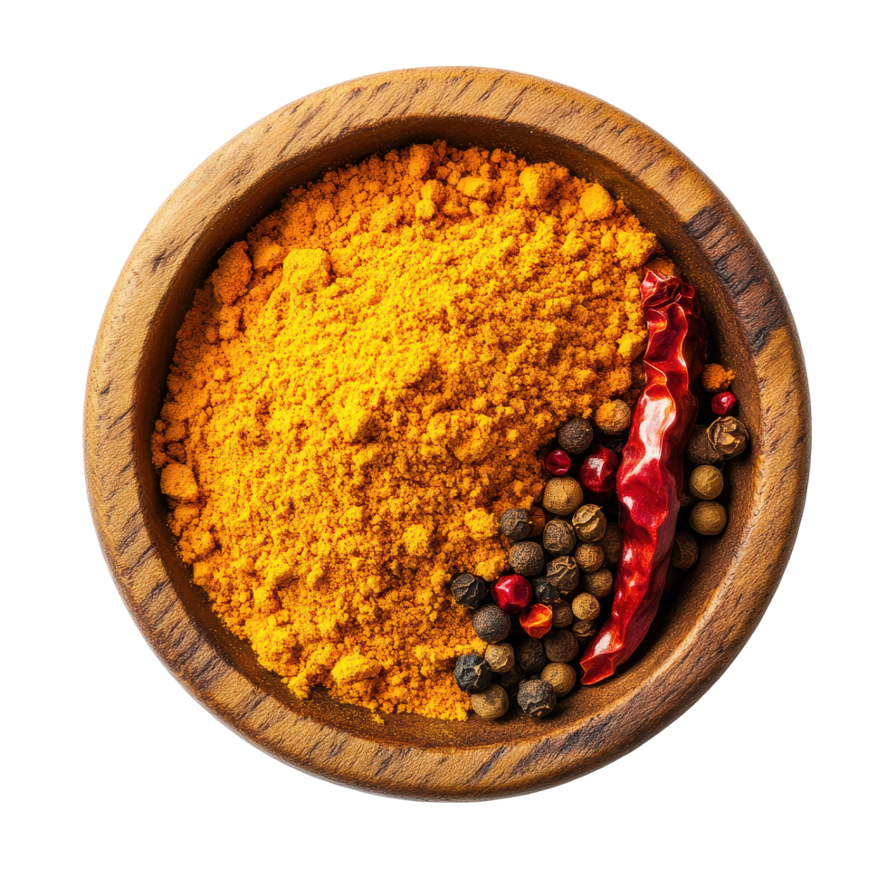 Ingredients for a flavorful dish with crushed red chili pepper and turmeric powder in a wooden bowl, Crushed red chili pepper Turmeric powder Peppercorn in wood bowl on Transparent background png