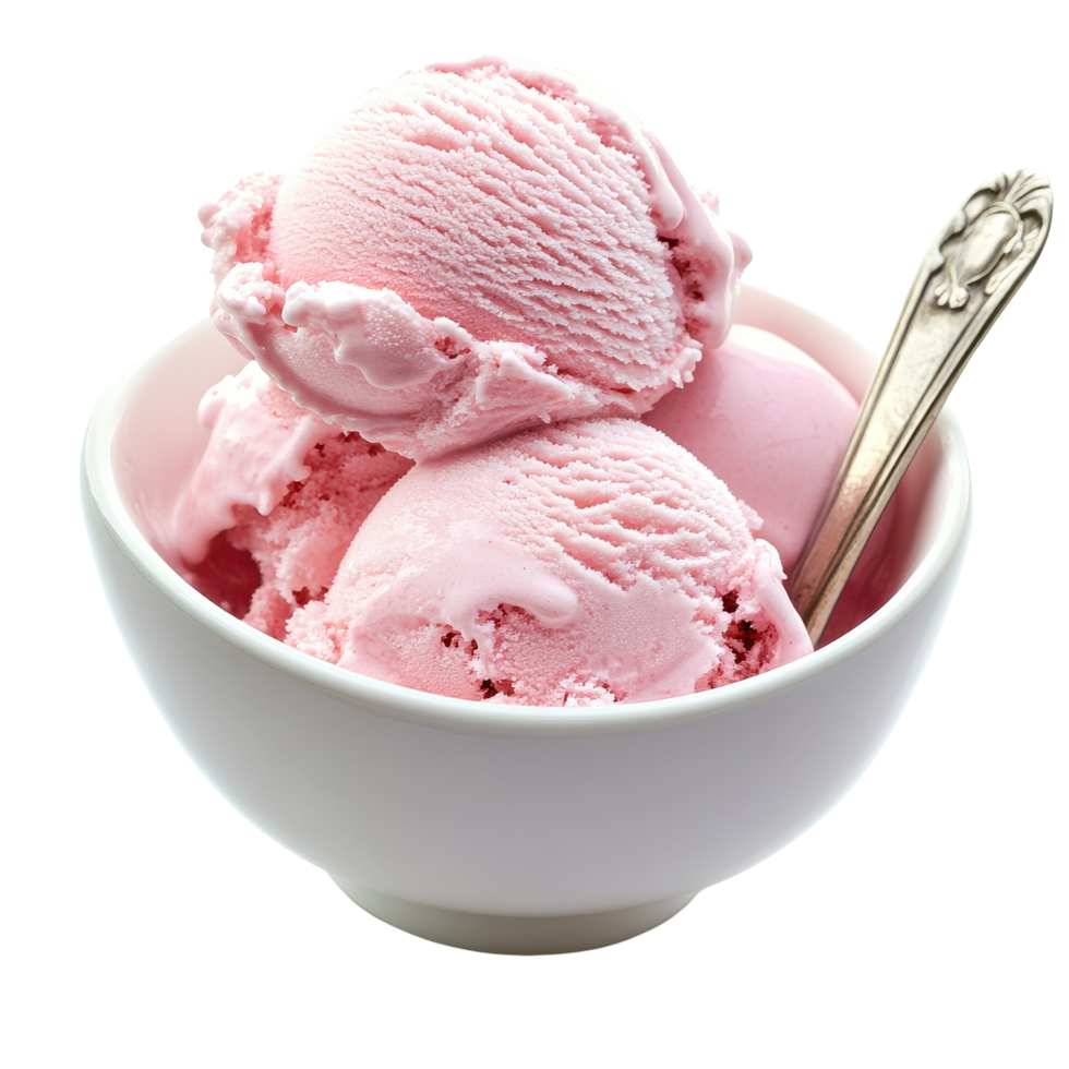 Enjoying a delicious scoop of pink ice cream in a white bowl with a vintage spoon on a bright background, Ice Cream Scoop in a Bowl, white background png