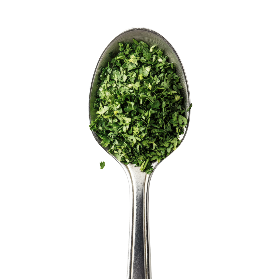 Dried parsley enhances dishes with flavor and aroma isolated on Transparent background, dried parsley in a spoonisolated on background png