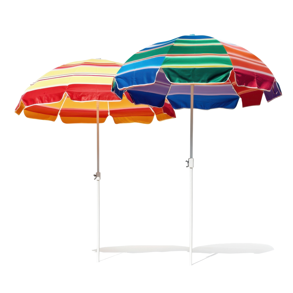 Colorful beach umbrellas stand out against a clean Transparent background ideal for summer vacation imagery, two colorful beach umbrella isolated on background png