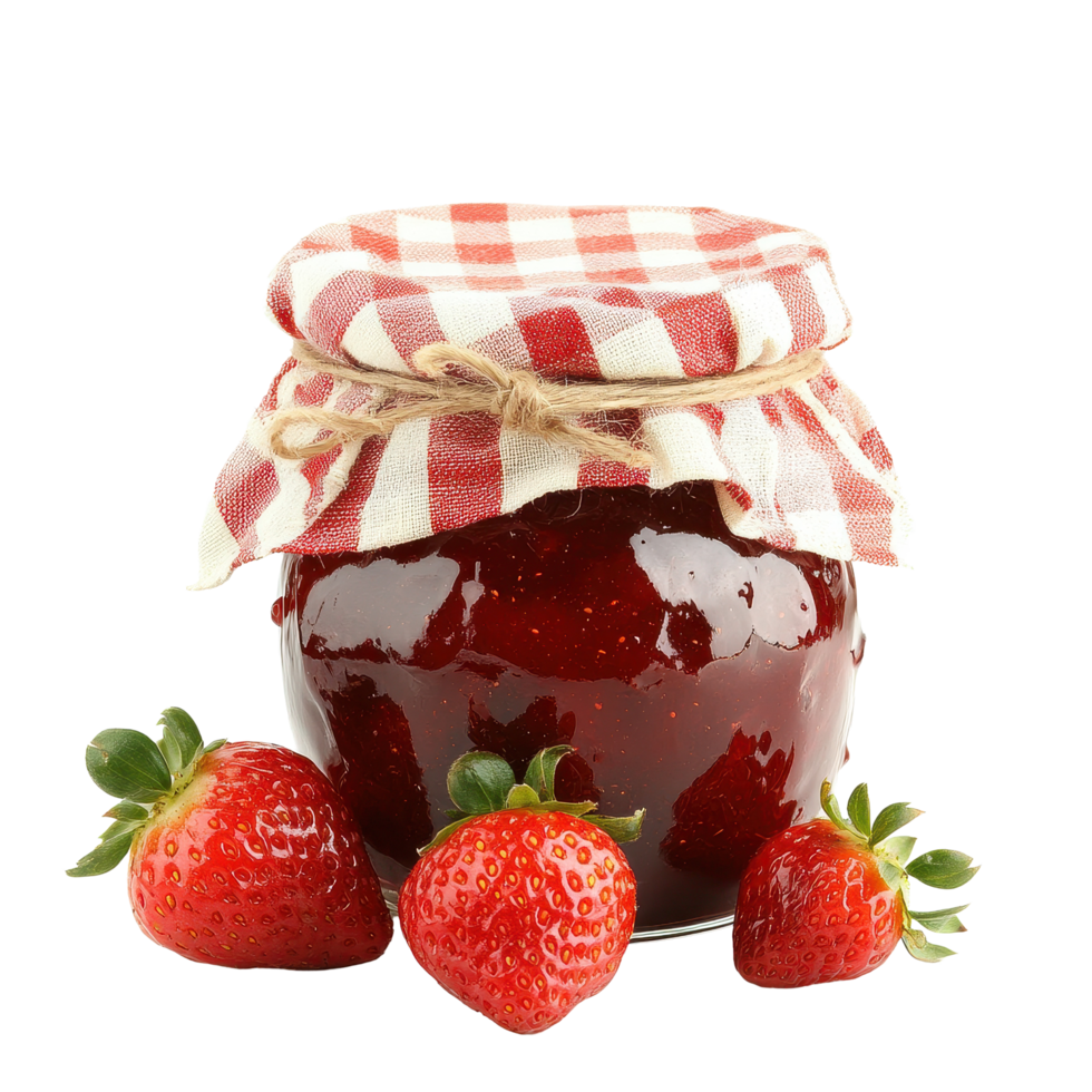 Homemade strawberry jam jar with gingham cloth cover and fresh strawberries on Transparent background, Jar Homemade Strawberry Jam with Gingham Cloth Cover on background png