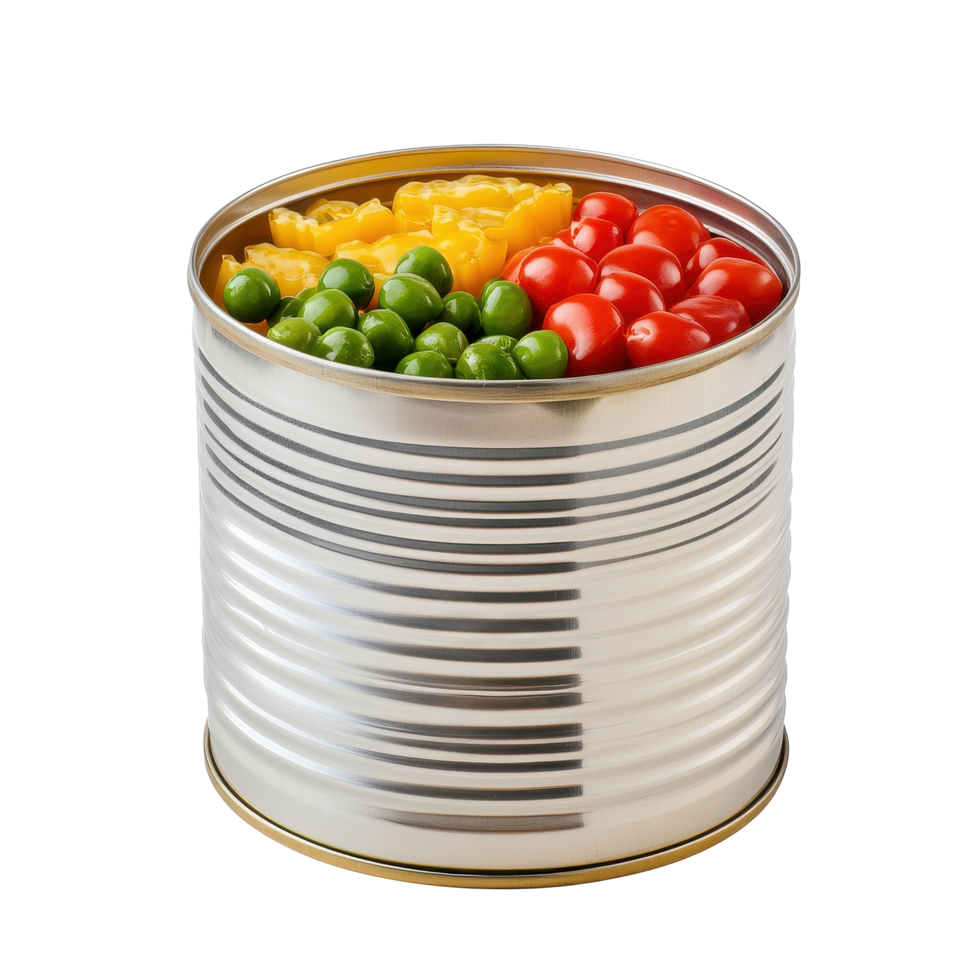 Canned food tin can on isolated white background with assorted vegetables and fruits, Canned food, tin can isolated on white background png