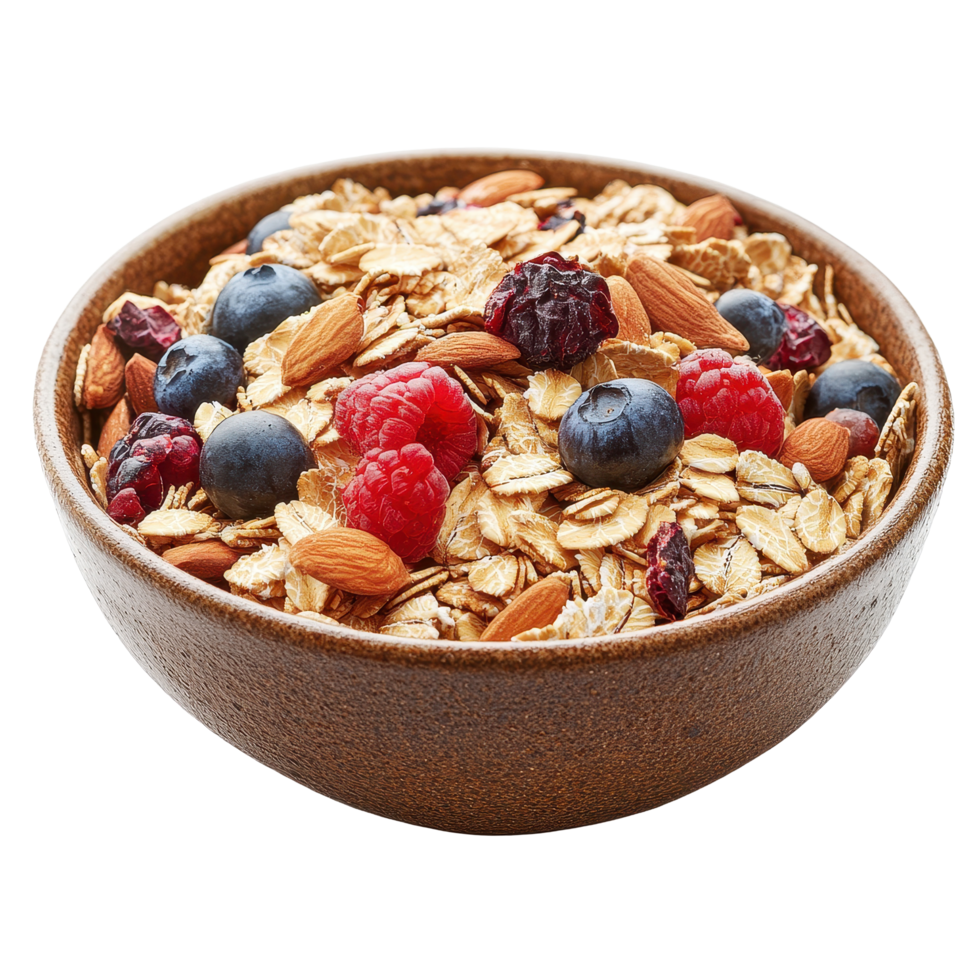 Nutritious muesli with berries and nuts served in a brown bowl on a Transparent background, muesli in bowlisolated on background png
