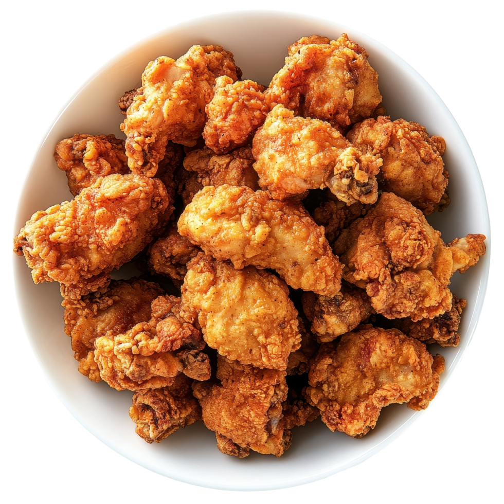 Crispy fried chicken pieces arranged in a white bowl on a clean white background, Fried Chicken Pieces on white background png