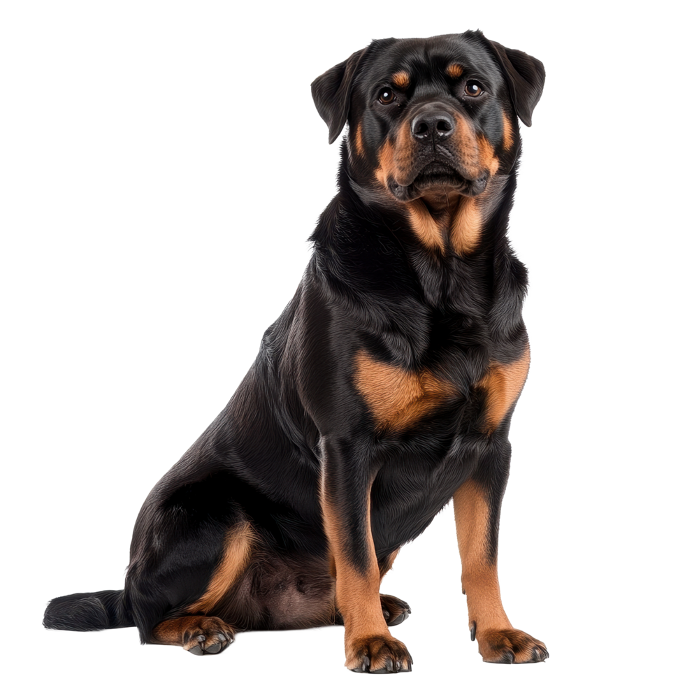 Rottweiler dog sitting proudly against a Transparent background showcasing its strong build and confident demeanor, Rottweiler dog isolated on White background png