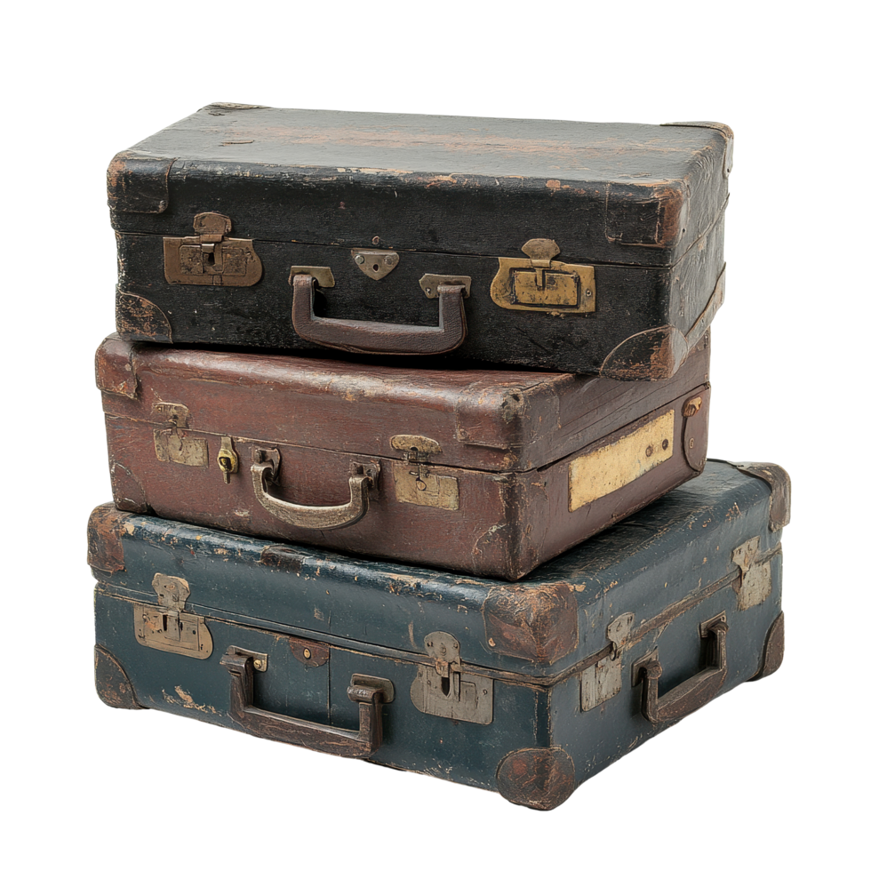 Old vintage suitcases stacked together against a Transparent background showcasing their travel history, Old suitcases isolated on background png