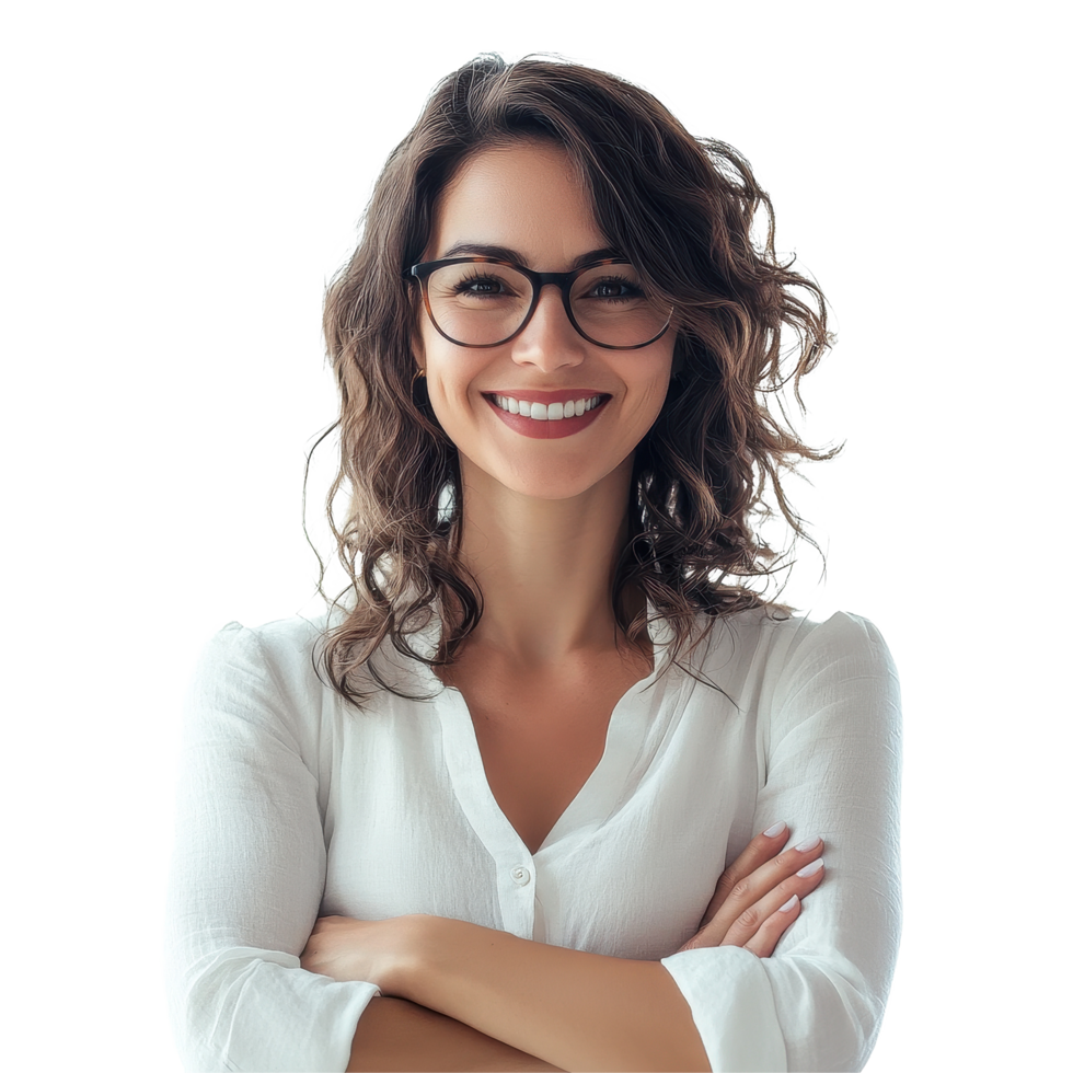 Friendly teacher smiling with arms crossed, showcasing positive attitude and approachability, teacher lady friendly smiling arms crossed isolated Transparent background png