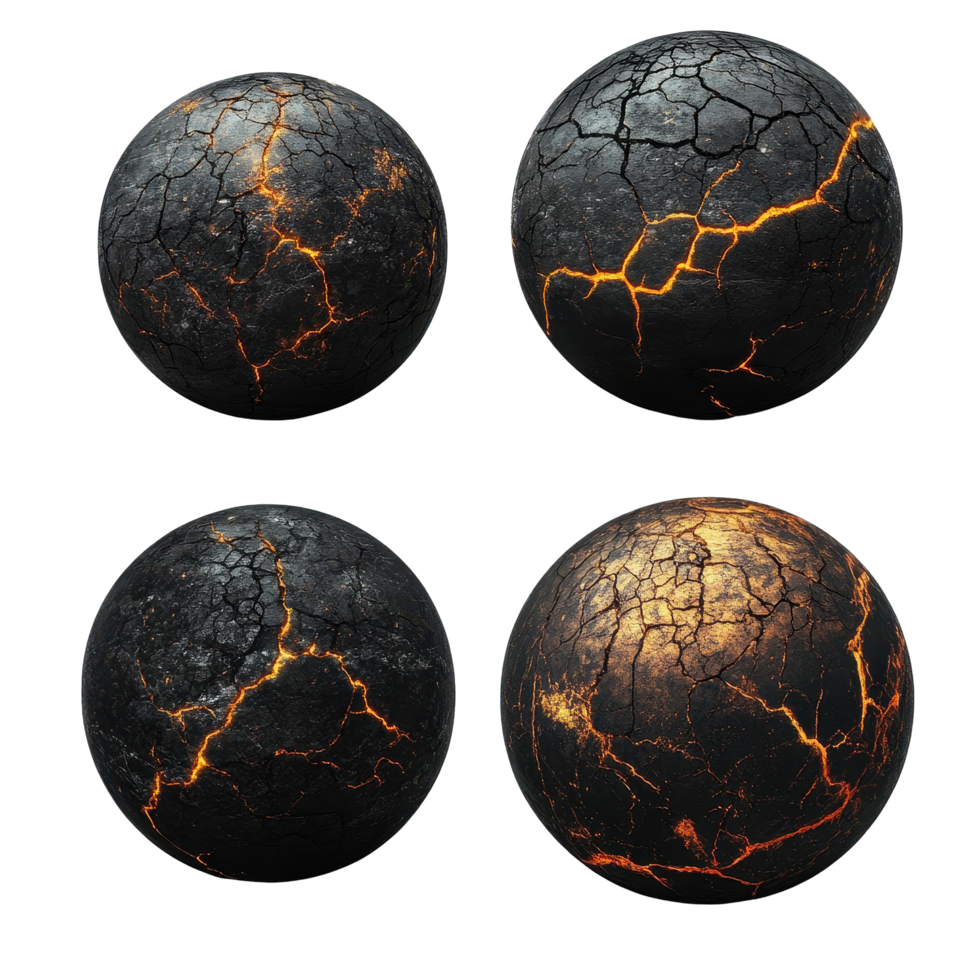 Burnt planets reveal charred celestial bodies with fiery cracks and vivid textures in the cosmos, Burnt Planets, Charred Celestial Bodies with Fiery Cracks, isolated on white background png