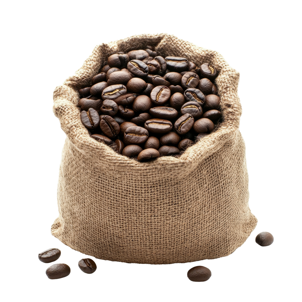 Roasted coffee beans in a burlap bag isolated on a Transparent background, roasted coffee beans isolated on background png