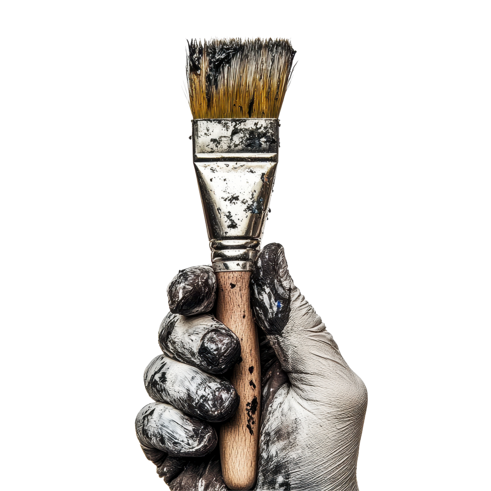Hand holding a paint brush covered in paint on a Transparent background showcasing artistic expression, Male hand with paint brush on background png