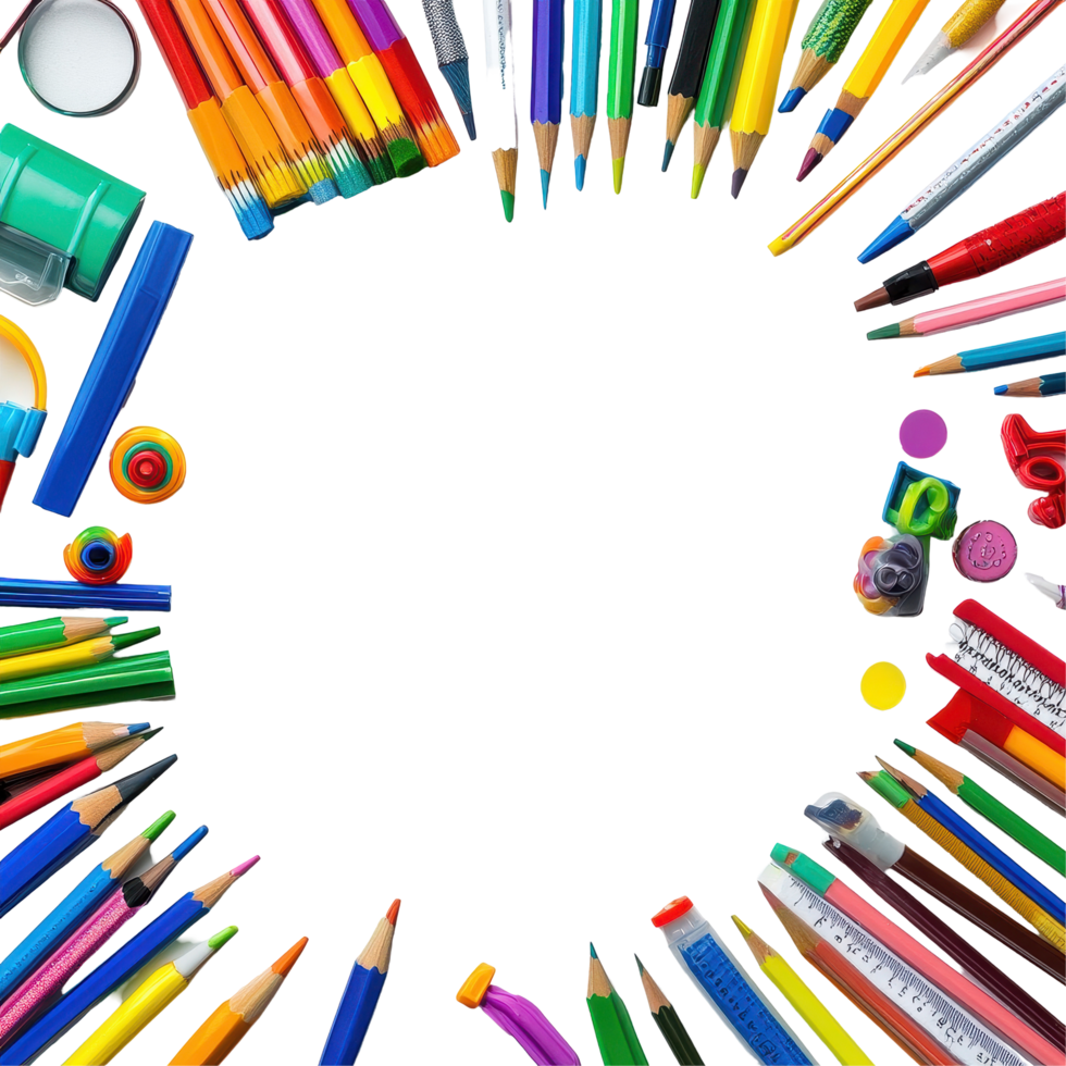 Colorful school supplies arranged with vibrant hues on a Transparent background for creative projects, Colorful school supplies with copy space on background png