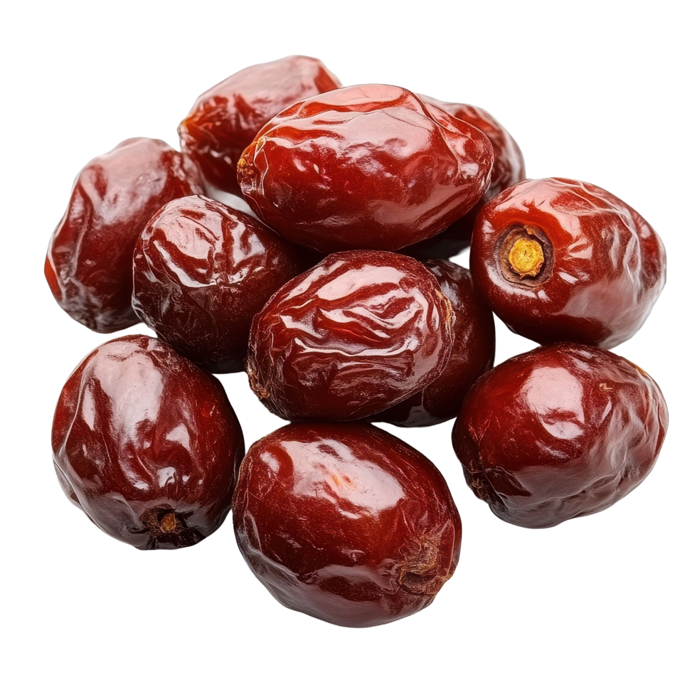 Dried jujube red dates arranged on a clean Transparent background showcasing their glossy texture and rich color, Jujube Chinese dried red date fruit on background png