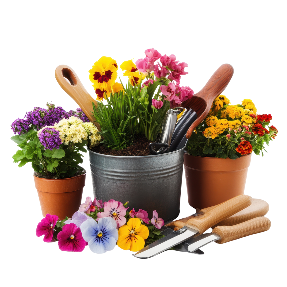 Gardening tools and colorful flowers in pots on a bright white background, Garden steel tools and flowers in pots, white background png