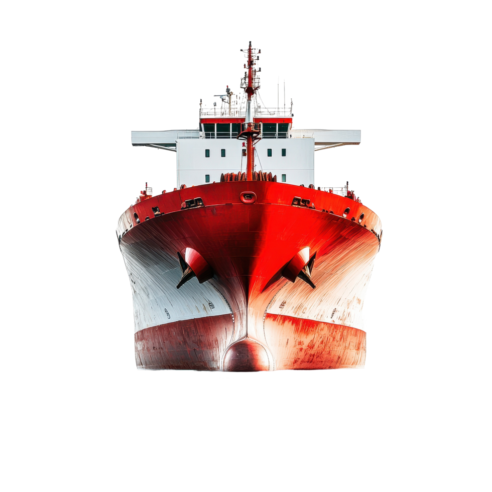 Large red and white cargo ship navigating calm waters in daylight, Large Red and White Cargo Ship on Water, Transparent background png