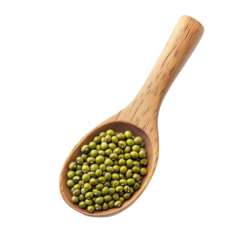 Mung beans in a wooden spoon on a Transparent background highlighting natural ingredients for cooking, Mung bean in wood spoon isolated on background png