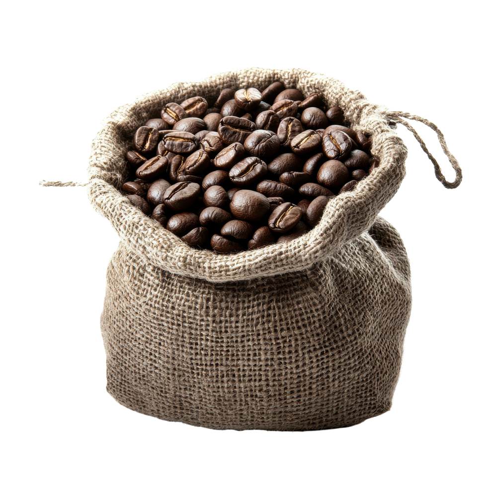Roasted coffee beans in a burlap bag isolated against a Transparent background, roasted coffee beans isolated on background png