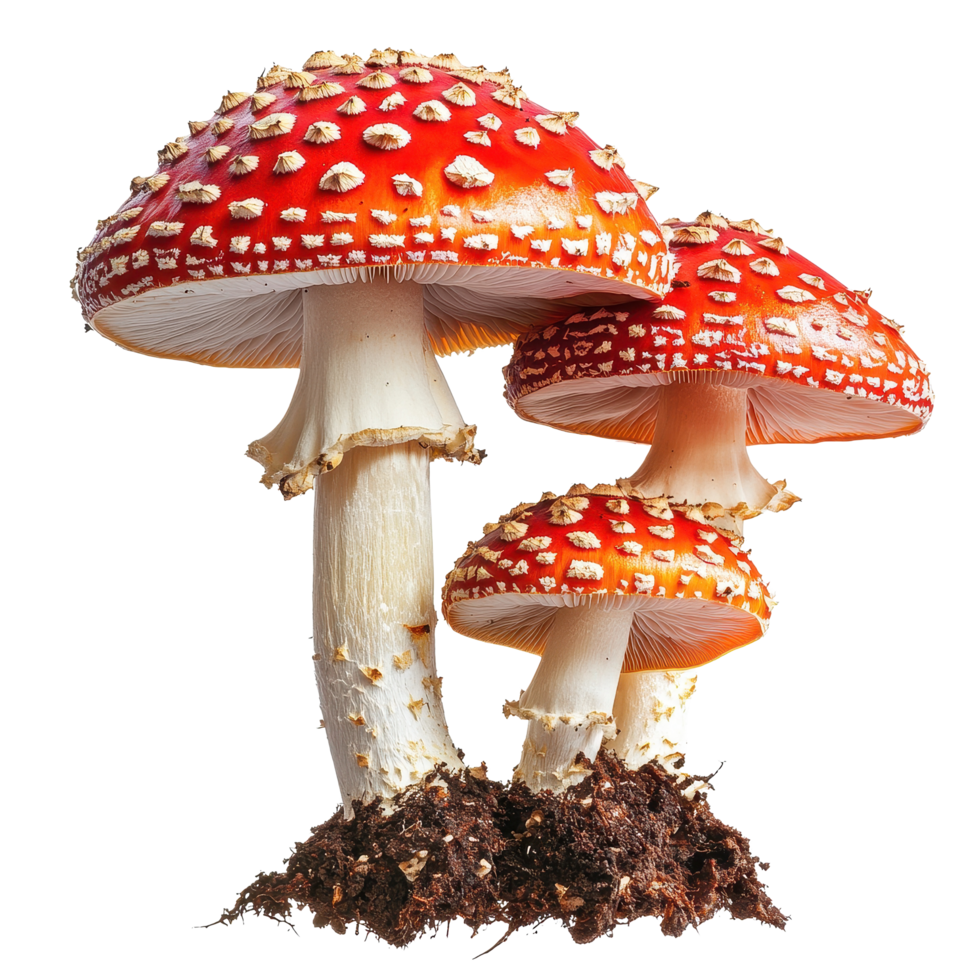 Vibrant fly agaric mushrooms against a white background showcasing their distinctive features and colors, fly agaric mushrooms, white background png