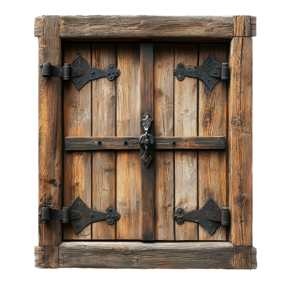 Wooden window with metal fixtures showcasing rustic craftsmanship and sturdy design, wooden window with a metal knock knock on it Transparent background png