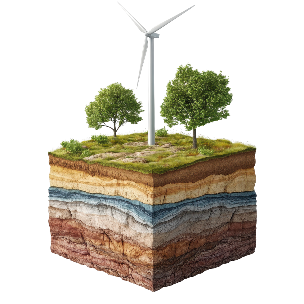 Sustainable energy source represented by wind turbine and layered earth structure with vegetation, Sustainable energy source with wind turbine and subsurface layers isolated on Transparent background png