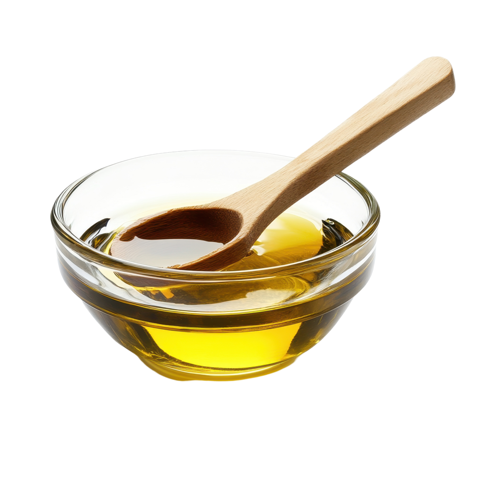 Vegetable cooking oil in glass bowl with wooden spoon ready for culinary use in kitchen setting, Vegetable cooking oil in glass bowl with wooden spoon isolated on Transparent background png