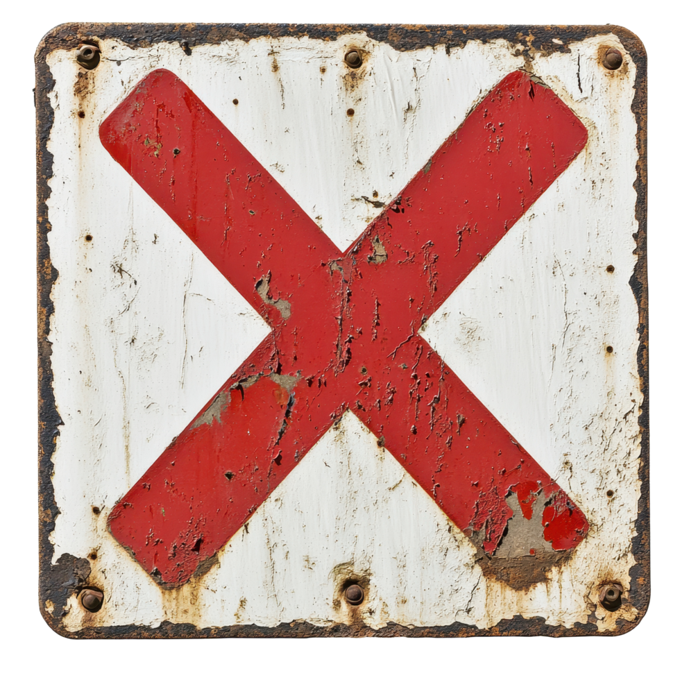 Old battered sign displaying a large red X mark, indicating restriction or caution at an unknown location, X Marked Object Interest An Old Battered Sign with a Red X on the Left Transparent background png