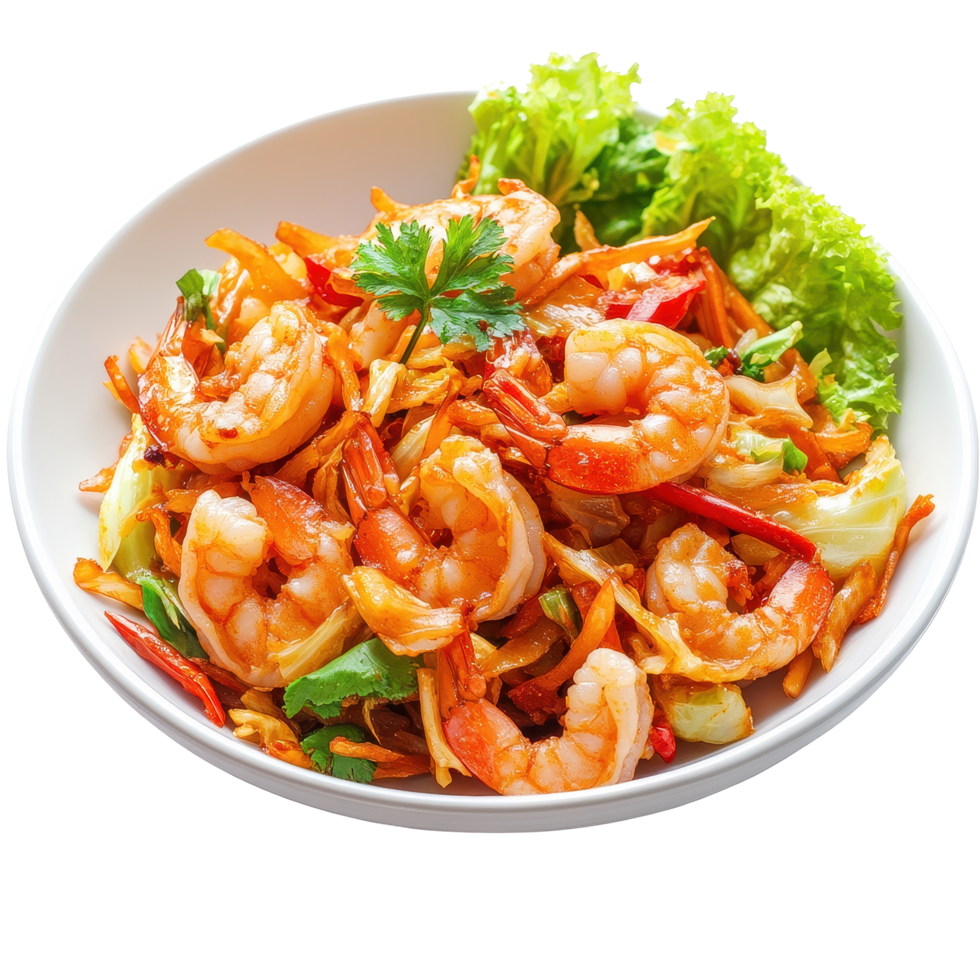 Delicious shrimp fried cabbage served in a bowl with fresh veggies and garnishes, Shrimp Fried Cabbage thai food in plate isolated on Transparent background png