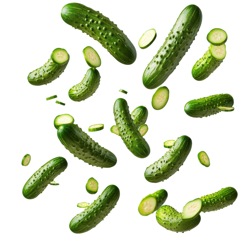 Falling cucumbers create a dynamic composition against a clean white background, Falling cucumbers isolated on white background png