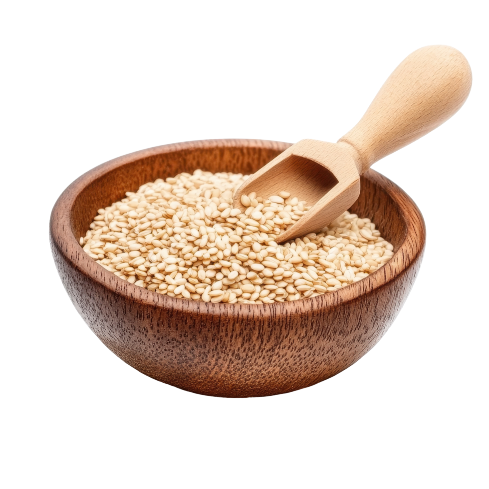 Golden sesame seeds in wooden bowl with scoop isolated on Transparent background, Sesame in wood bowl and scoop isolated on background png