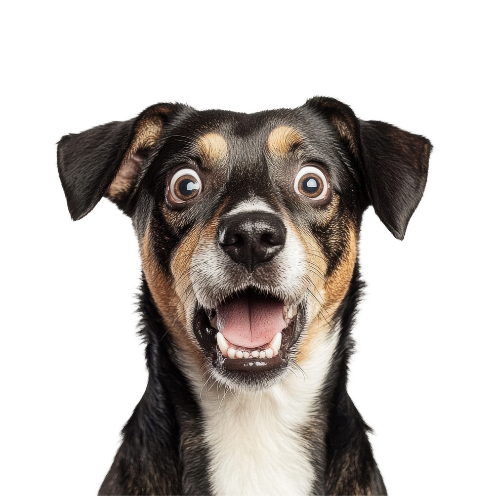 Shocked dog with wide eyes and open mouth on plain Transparent background expressing surprise or confusion, Shocked dog Expression on background png