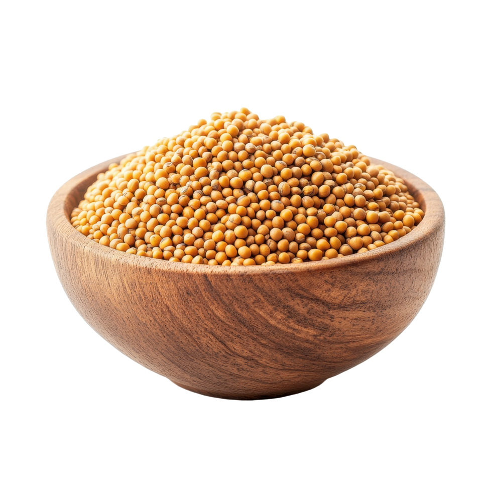 Mustard seeds displayed in a wooden bowl on a clean Transparent background for cooking and culinary use, mustard seeds in wood bowl isolated on background png