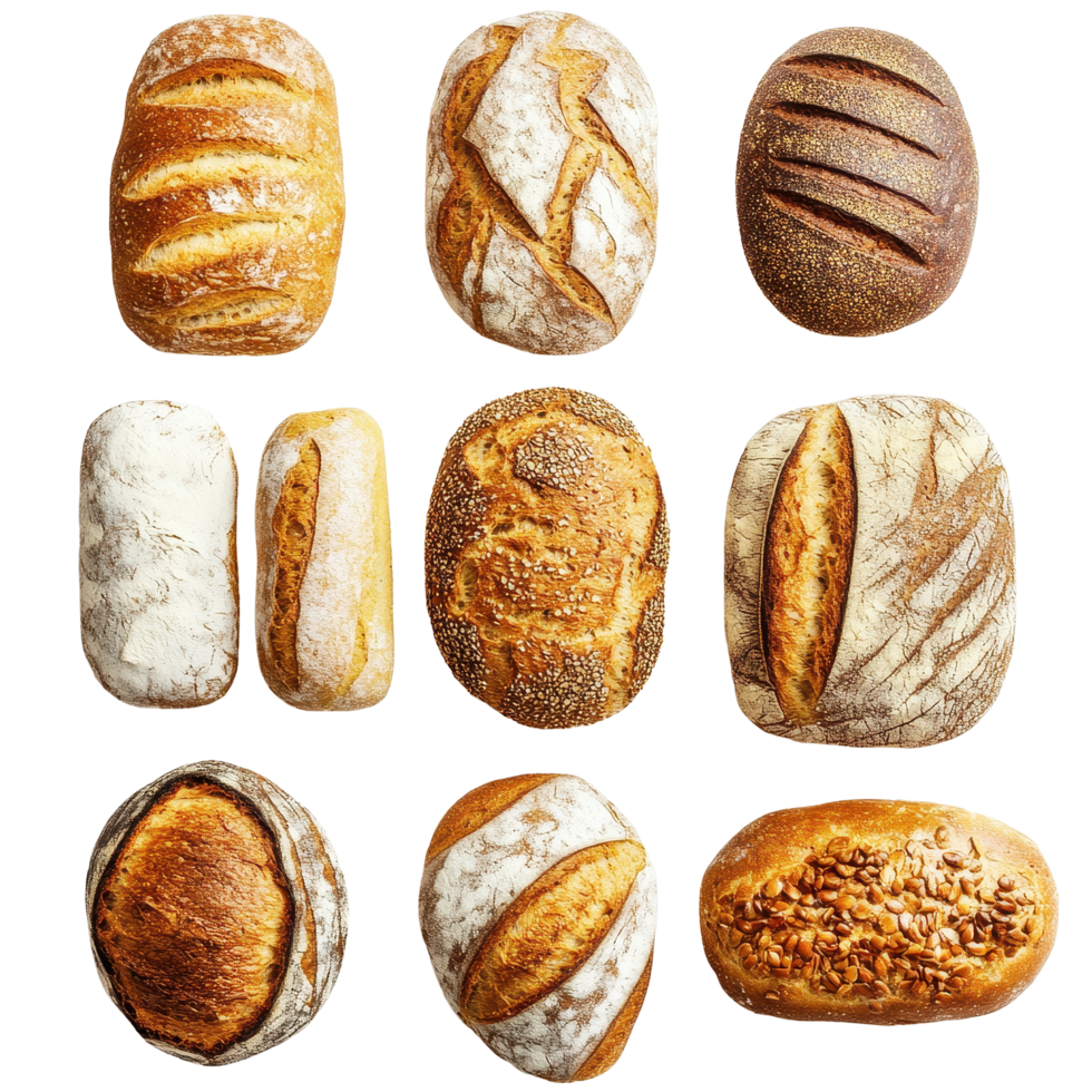 Artisan breads displayed on a Transparent background showcasing unique shapes and textures from a local bakery, Delicious different sort bread, bakery on background png
