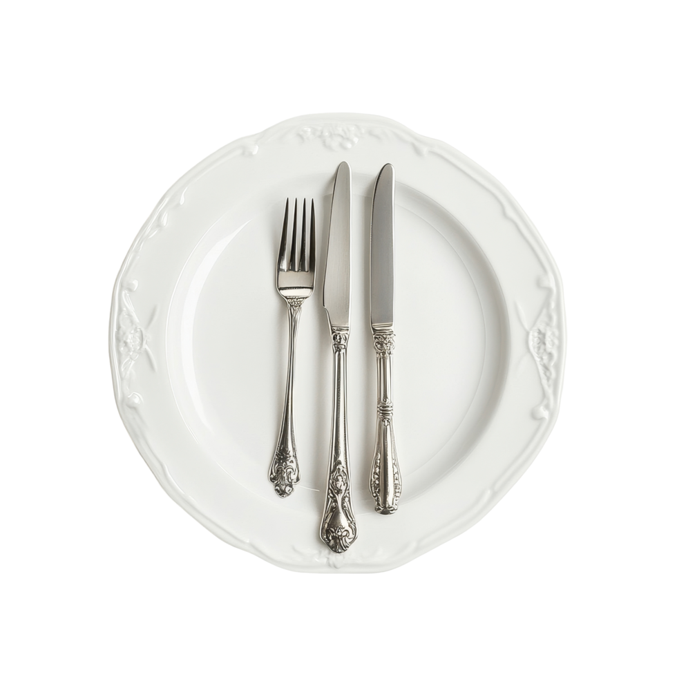 Elegant silverware arrangement with crossed fork and knife on a white plate for a refined dining experience, Silverware Crossed Fork and Knife on Plate, Transparent background png