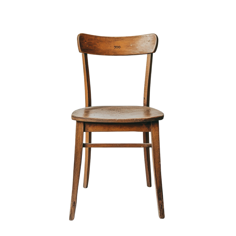 Elegant wooden chair with a personalized touch displayed against a white backdrop, wooden chair with a name on the back Transparent background png