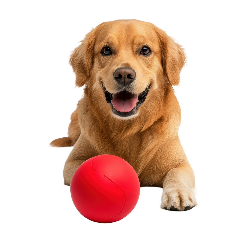 Cheerful dog with red ball toy in playful pose on a Transparent background, Red ball toy for dog isolated on white and isolated on background png