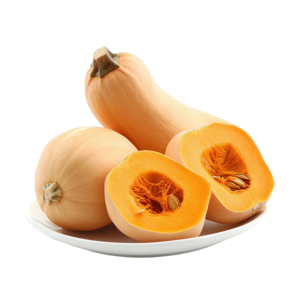 Fresh butternut squash on a white plate presented in a clean and minimalistic style, butternut squash in a plateisolated on white background png