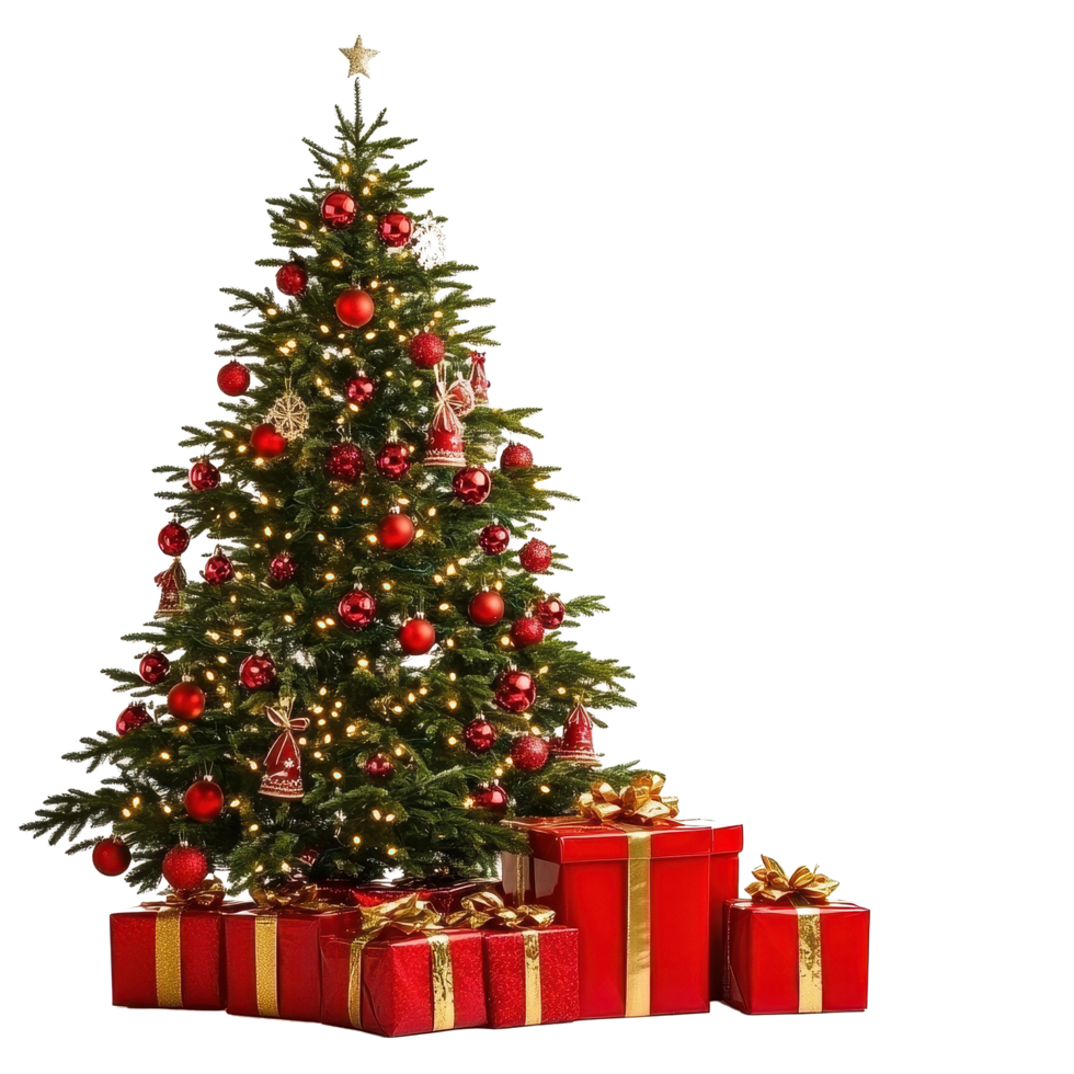 Beautifully decorated Christmas tree with red presents under bright lights on Transparent background, Decorated Christmas tree and red presents png