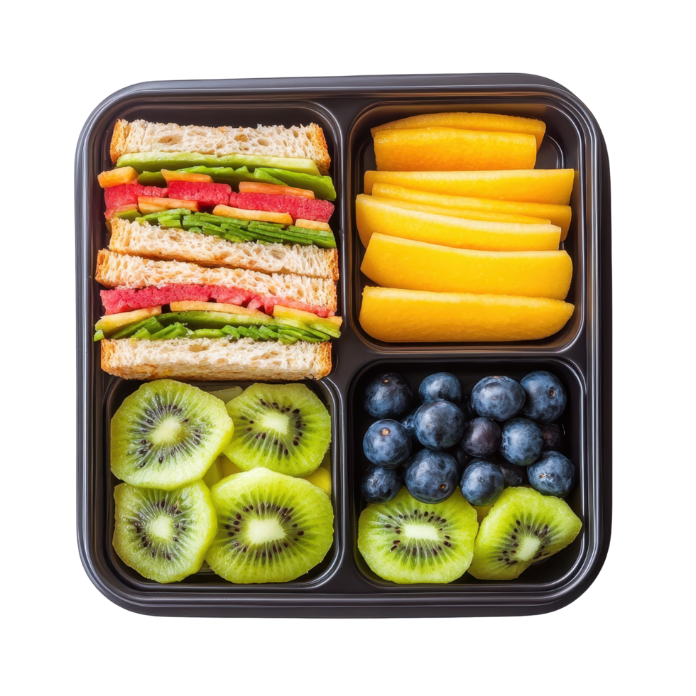 Healthy school breakfast box featuring colorful sandwich and assorted fresh fruits, Healthy School Breakfast Box with Sandwich and Fruit Isolated on white background png